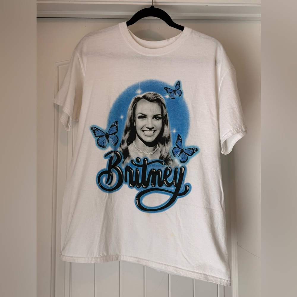 White Graphic Tee with Blue Britney Spears Design